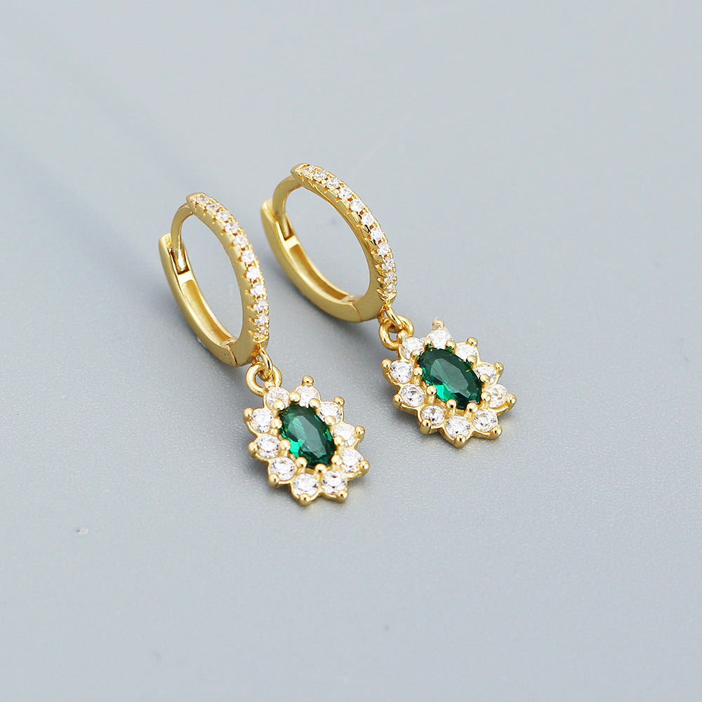 Fashionable Office-Style Geometric Silver Stud Earrings with Green Zircon Inlay and Rhodium Plating