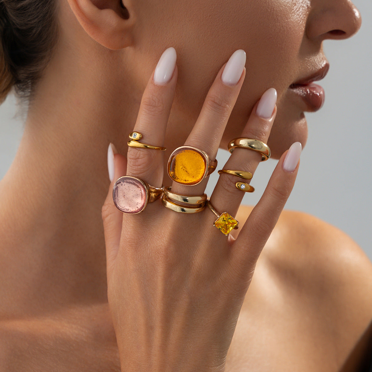 Casual Geometric Round Square Zinc Alloy Resin Rhinestone Plated Open Ring for Women