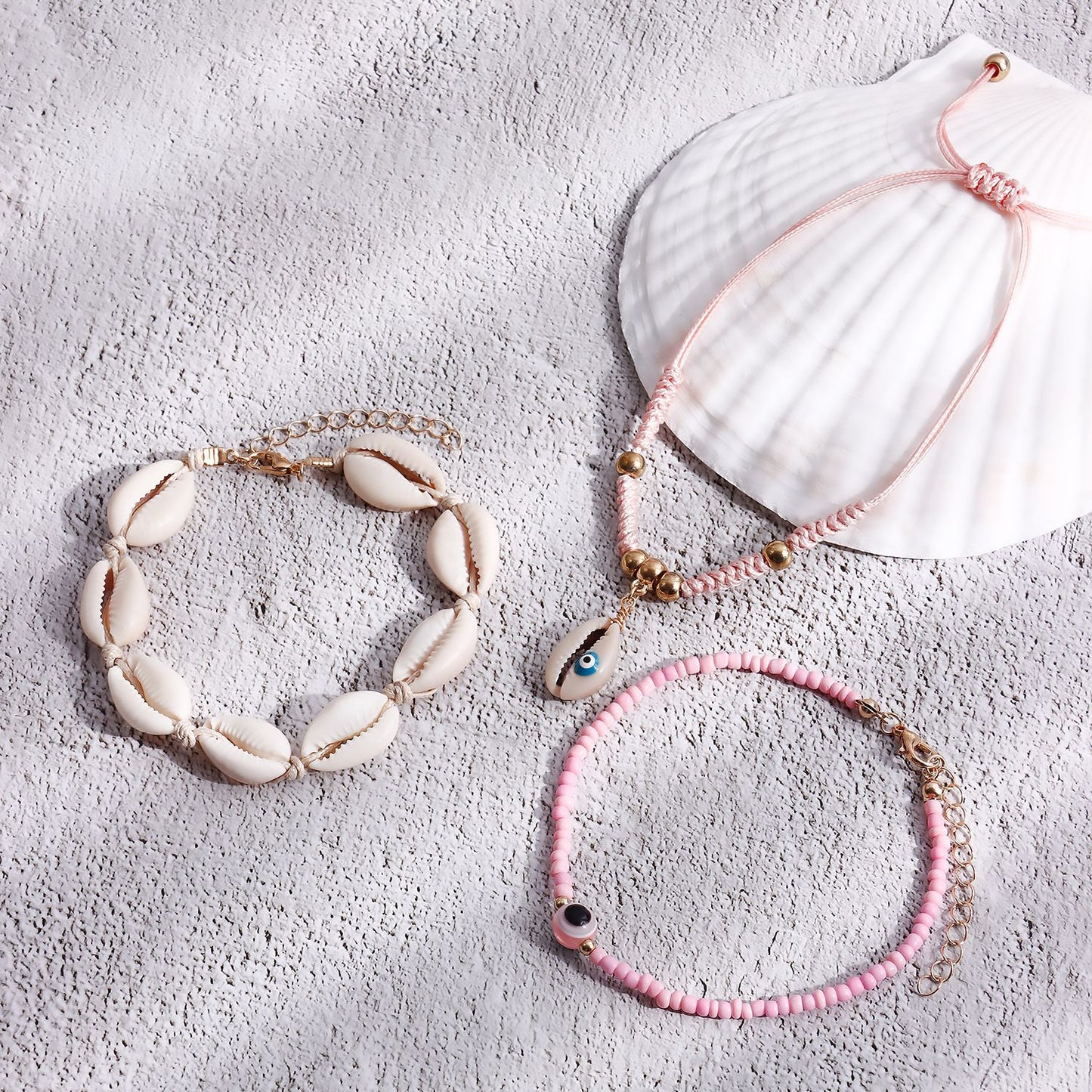 Bohemian Handwoven Shell and Seed Bead Anklet Set for Women Geometric Style Alloy Anklets for Beach Summer Wear