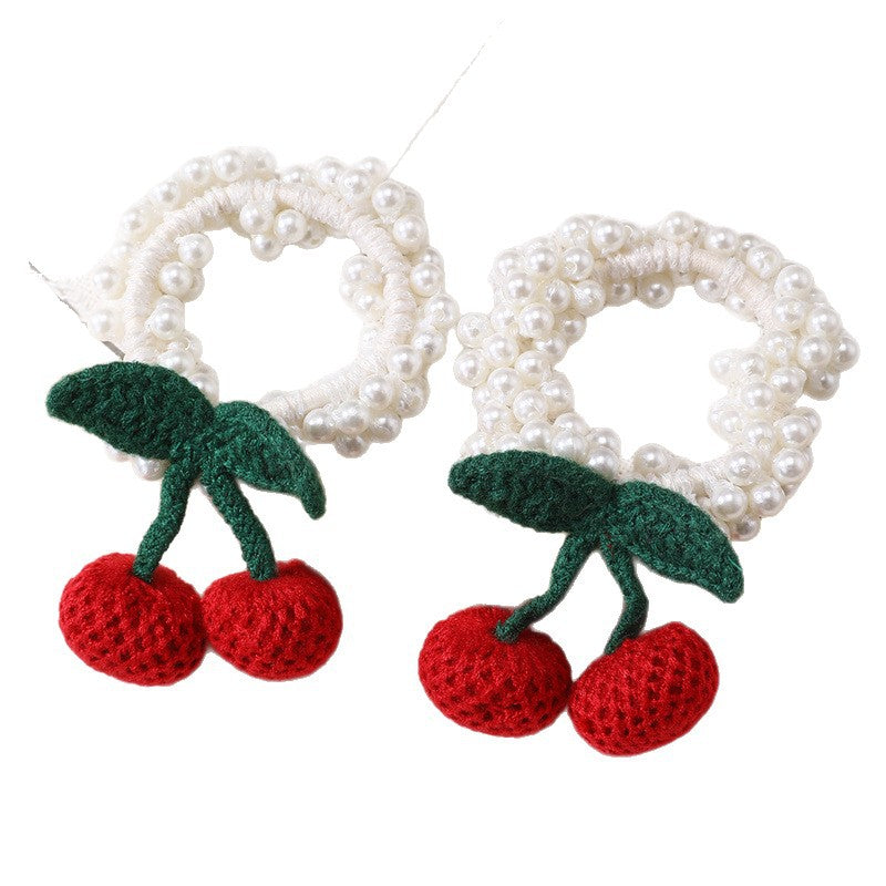 Minimalist Cartoon Cherry Knitted Hair Ring for Kids Handmade Fruit-Themed Hair Accessory with Macaron Color Palette