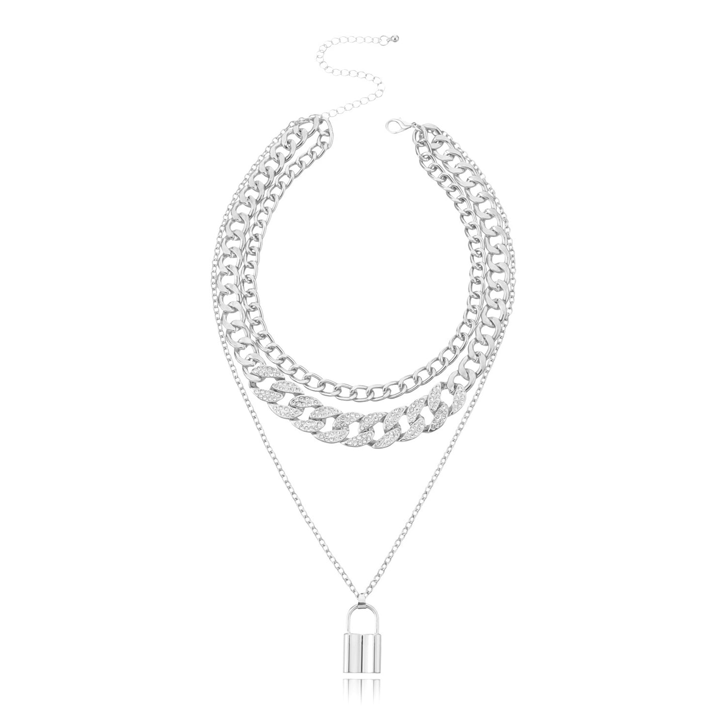 Geometric Alloy Lock Pendant Necklace for Women, Multi-Layer Rhinestone-Embedded Chain Jewelry, Elegant and Versatile