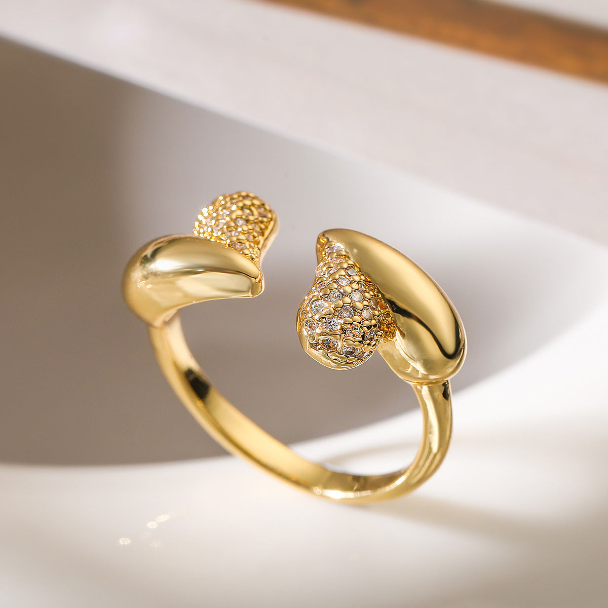Minimalist Irregular Geometric Copper Ring with Real Gold Plating and Zircon Inlay for Women