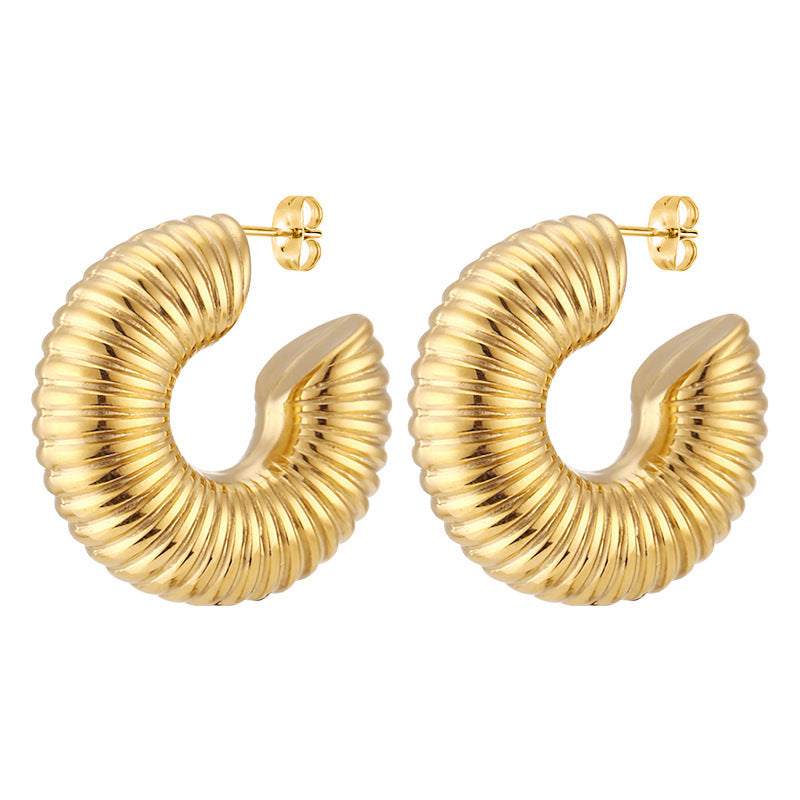 Vintage Geometric Hollow Threaded Titanium Steel Earrings for Women with Vacuum Plating Finish