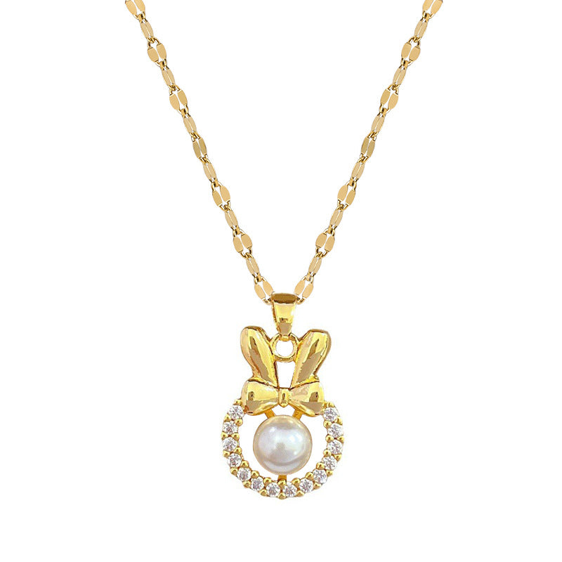 Elegante collana a pendente con fiocco di perle per donna con catena in acciaio al titanio e motivo geometrico a luna