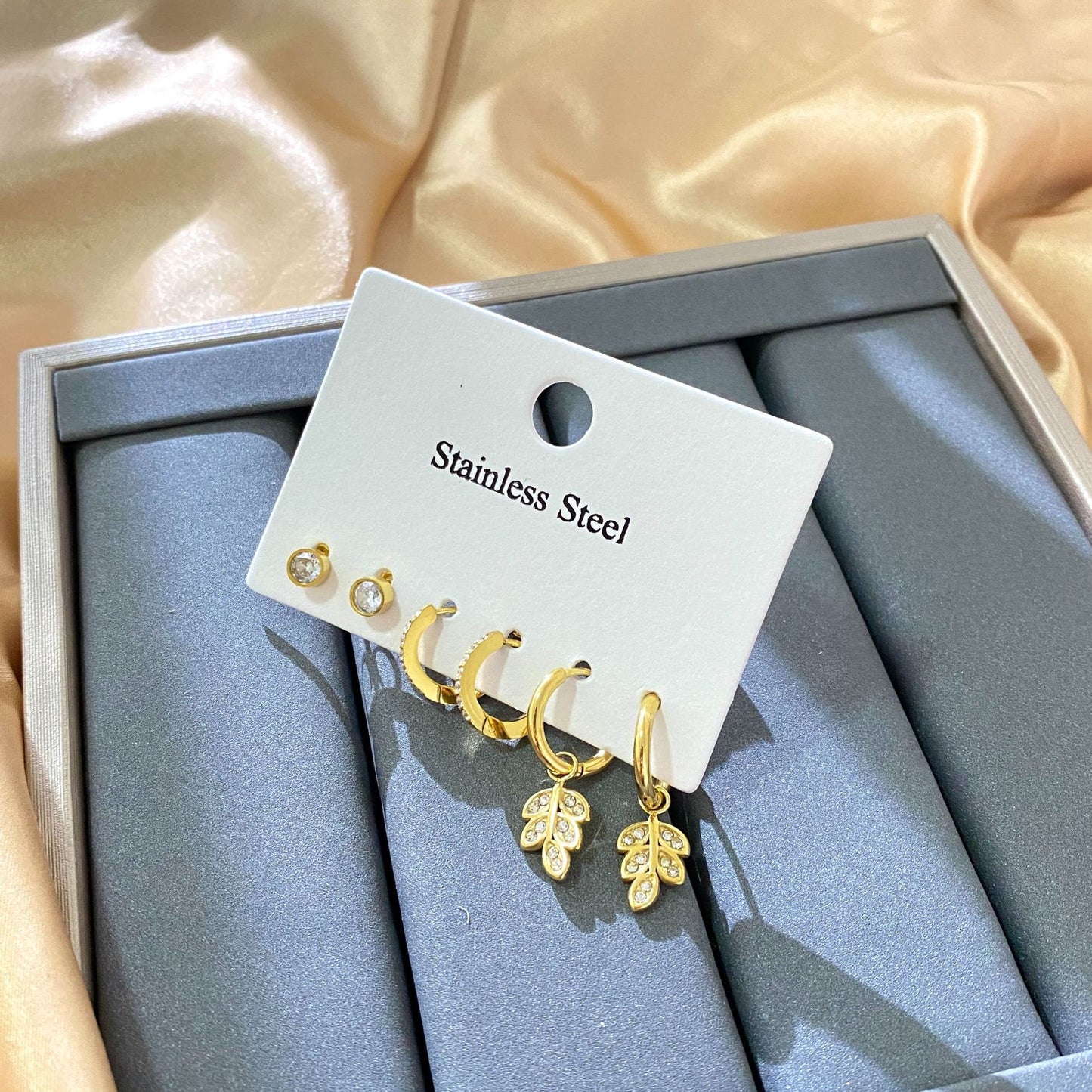 Elegant Stainless Steel Cross Cactus Leaf Rhinestone Stud Earrings for Women