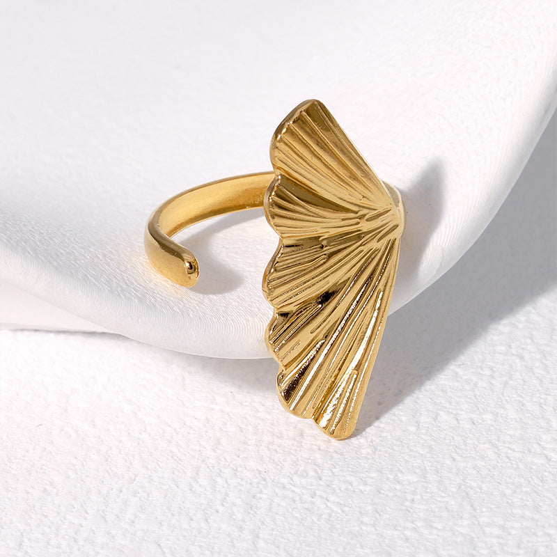 Minimalist Leaf-Shaped Stainless Steel Adjustable Ring with 18K Gold Plating for Women