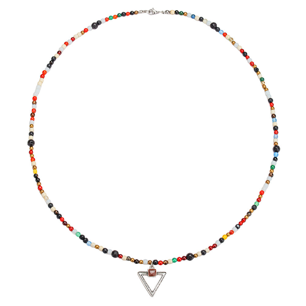 Ethnic Colorful Glass Bead Triangle Geometric Pendant Leather Alloy Necklace for Men and Women