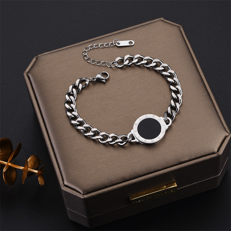 Fashionable Minimalist Black Roman Round Titanium Steel Bracelet with Thick Chain and Plated Finish