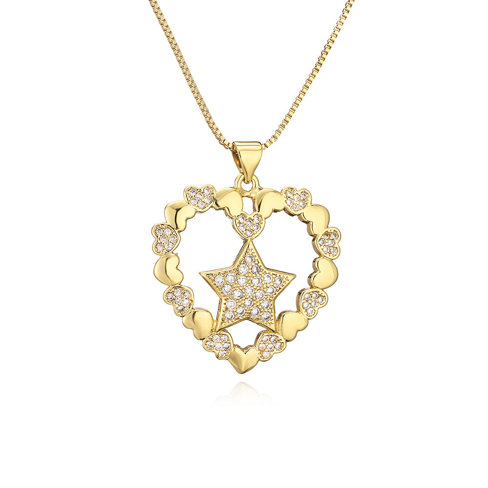 Collana da Donna Minimalista con Ciondolo a Stella a Cinque Punte e Cuore in Rame Placcato Oro Vero con Intarsi in Zirconi