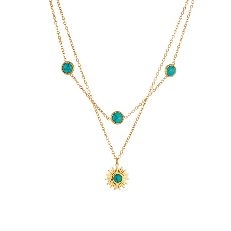 Vintage Fashion Sun Pendant Necklace with Turquoise Inlay Stainless Steel Double Layer Box Chain