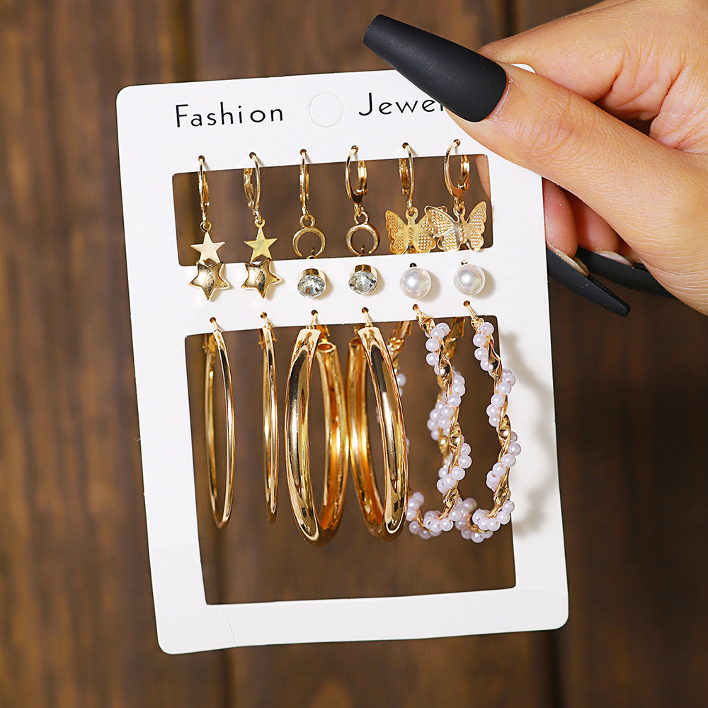 Vintage Square Geometric Heart Alloy Plated Earring Set with Pearl Inlay