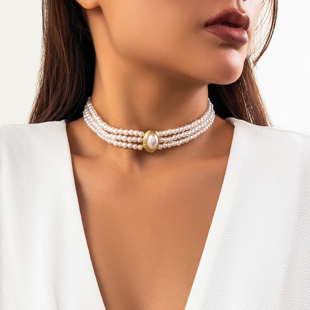 Collana Minimalista Francese Vintage Geometrica con Perline e Dettagli Turchesi, Ciondolo in Lega su Catena di Perle, Collana Lunga a Strati per Clavicola da Donna