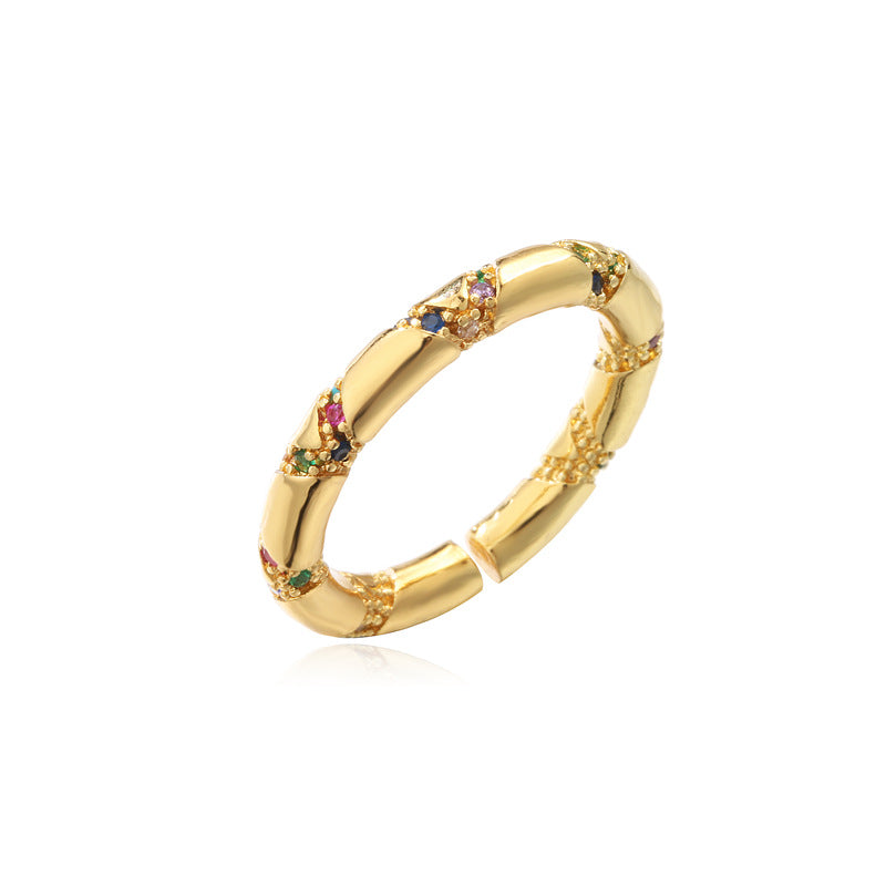 18K Gold Plated Geometric Brass Ring with Micro-Inlaid Cubic Zirconia for Women