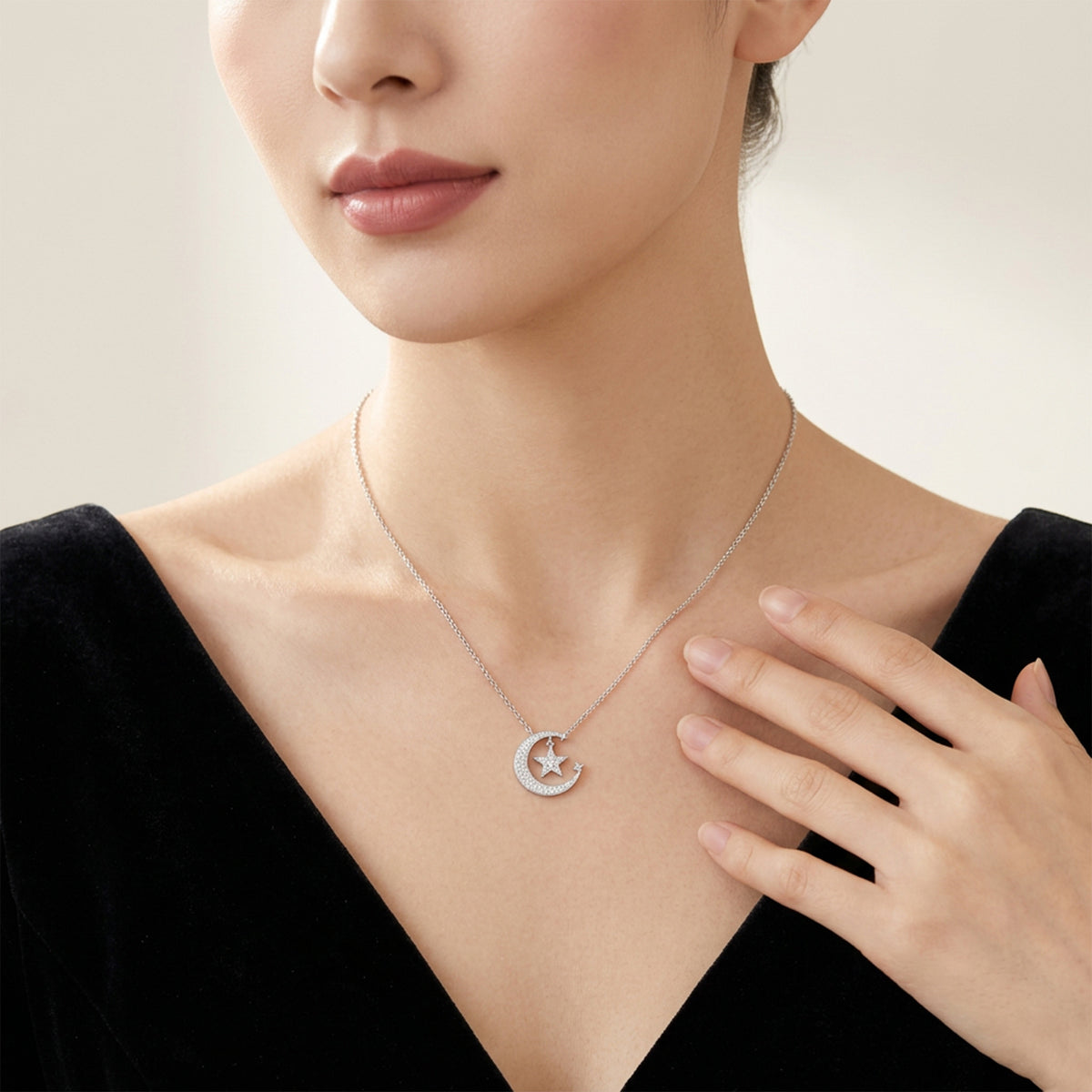 Sweet Minimalist Star Moon Geometric 925 Sterling Silver Moissanite Inlay Necklace for Women