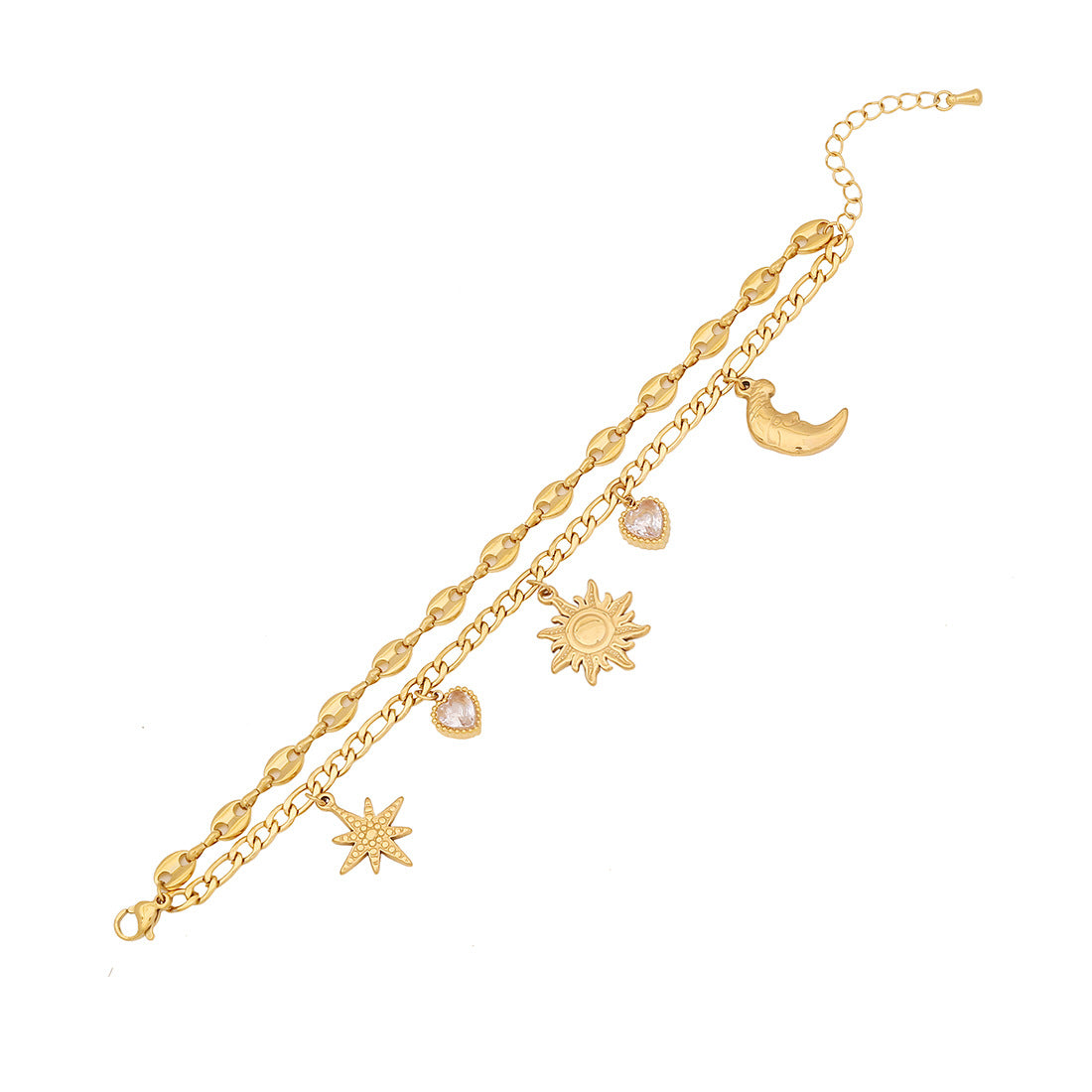 Bracciale Personalizzato a Doppio Strato in Acciaio Inossidabile con Fiocco, Stella, Luna e Cuore, con Intarsio di Strass e Design a Catena a Naso di Maiale per Donna