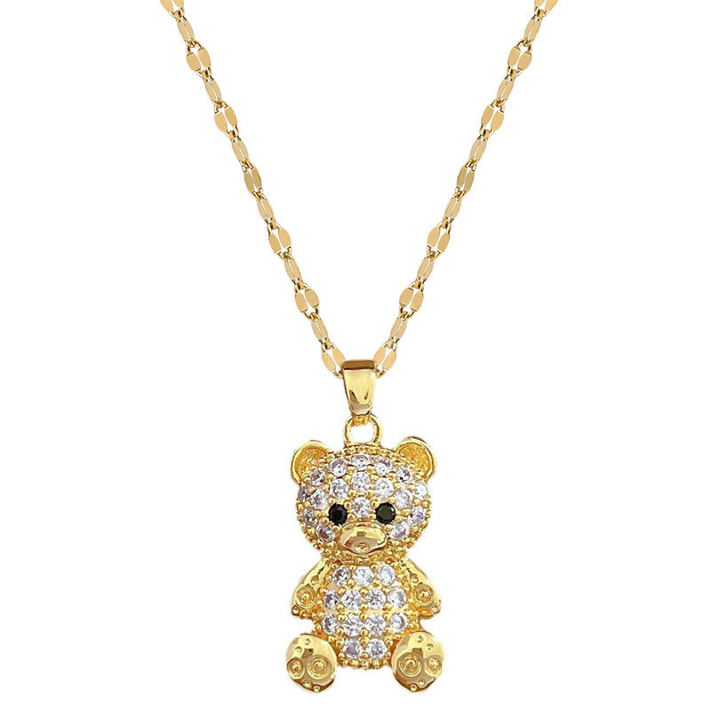 Luxury Sweet Bear Pendant Necklace in Titanium Steel with Rhinestone Inlay for Unisex