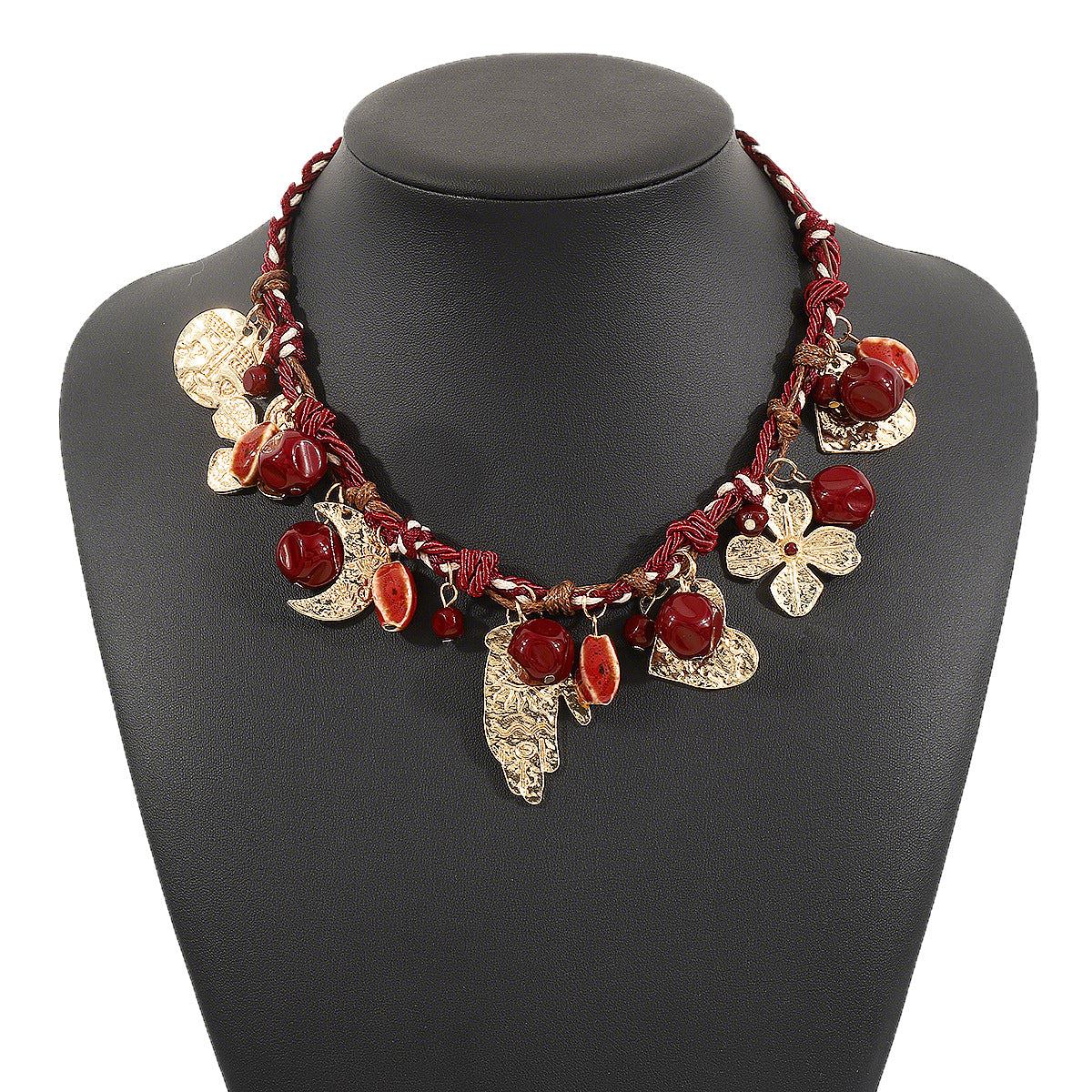 Collana Boema Intrecciata a Mano con Cordino Rosso, Ciondolo Geometrico a Luna, Charm in Lega e Resina, Catena Intrecciata