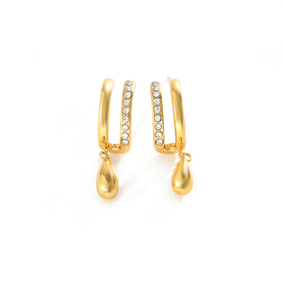 Elegant Minimalist Teardrop Geometric Rhinestone Inlaid PVD Coated Stainless Steel Earrings for Women