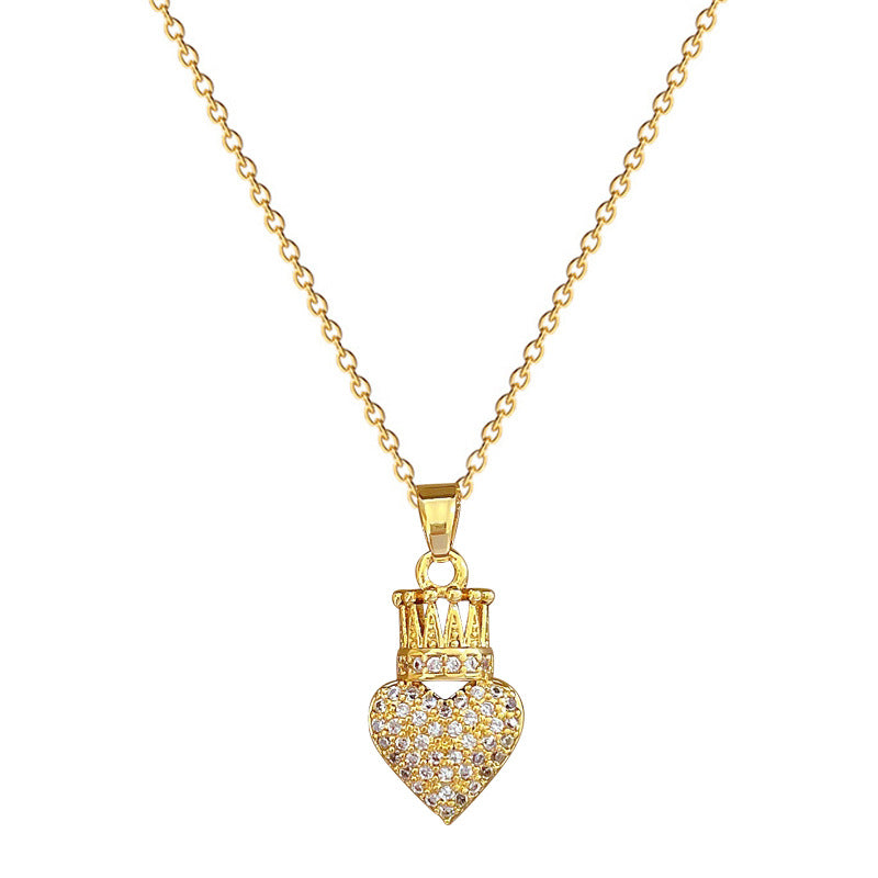 Collana con ciondolo a corona e cuore elegante da donna in acciaio inossidabile, catena a serpente con strass, design geometrico minimalista