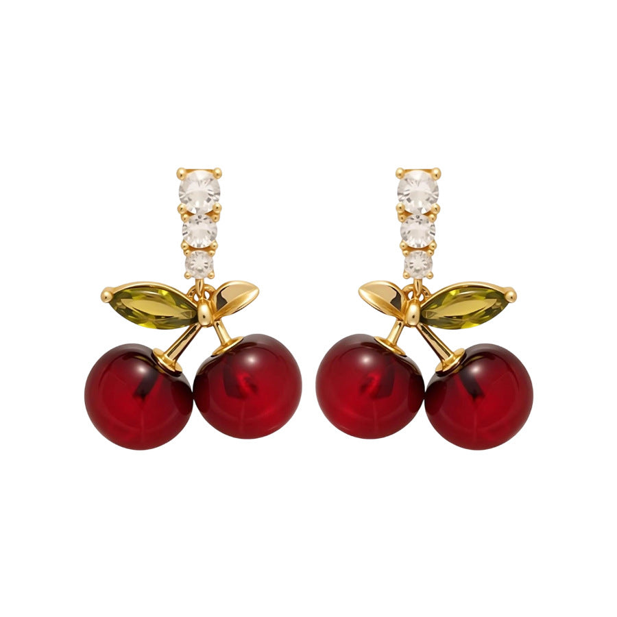 Cherry-Shaped Resin Earrings with Zirconia Inlay for Women, Minimalist Sweet Style Fashion Ear Jewelry