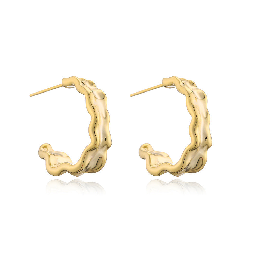 Orecchini a Onda Geometrica Irregolare in Rame con Placcatura in Oro 14K e Perni in Argento Sterling 925, Orecchini di Lusso alla Moda da Donna