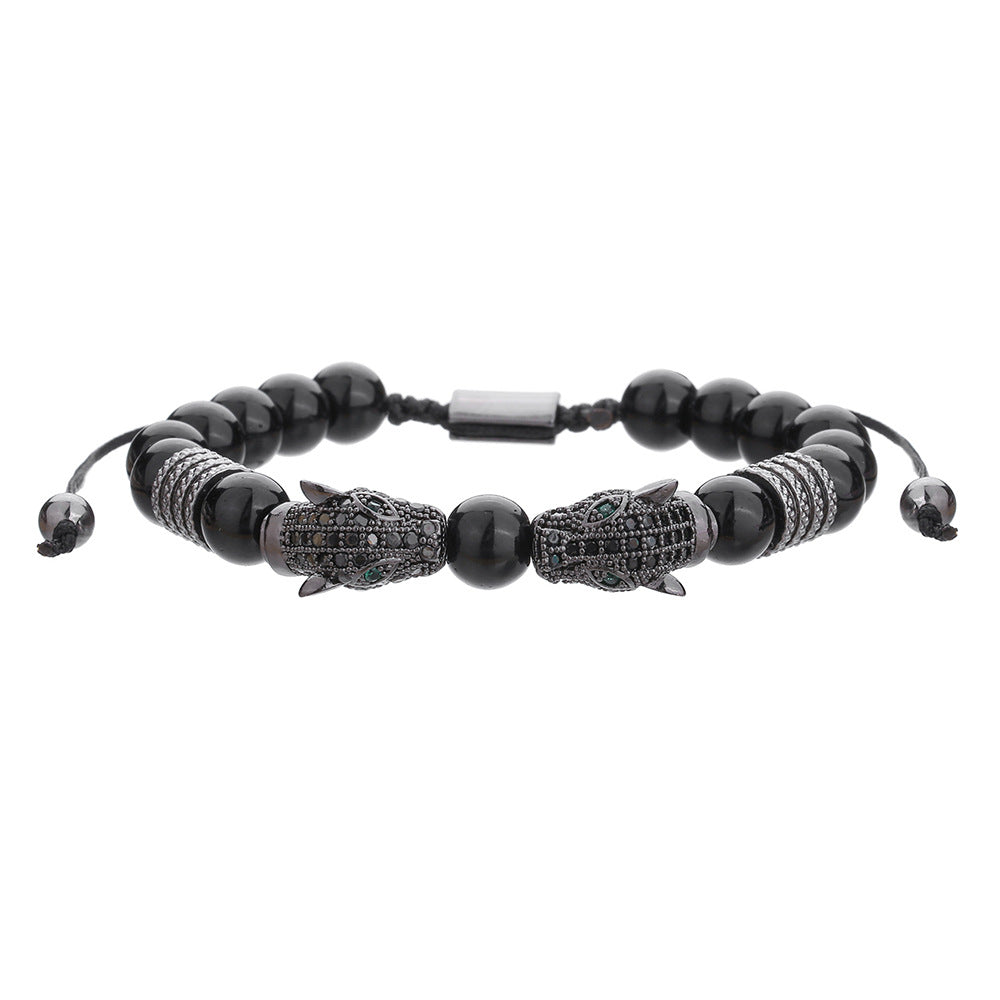 Hip-hop Micro-inlaid Cubic Zirconia Leopard Head Adjustable Stainless Steel Bracelet with Black Agate