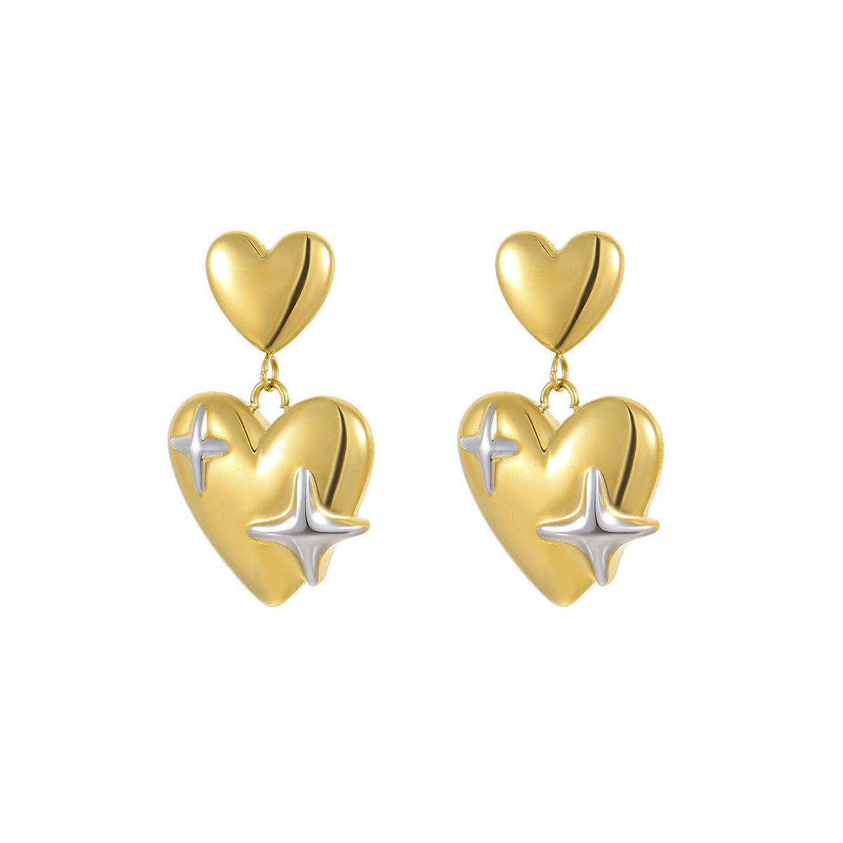 Pendientes minimalistas de doble corazón de acero inoxidable para mujer con superficie plisada texturizada y diseño de inspiración vintage