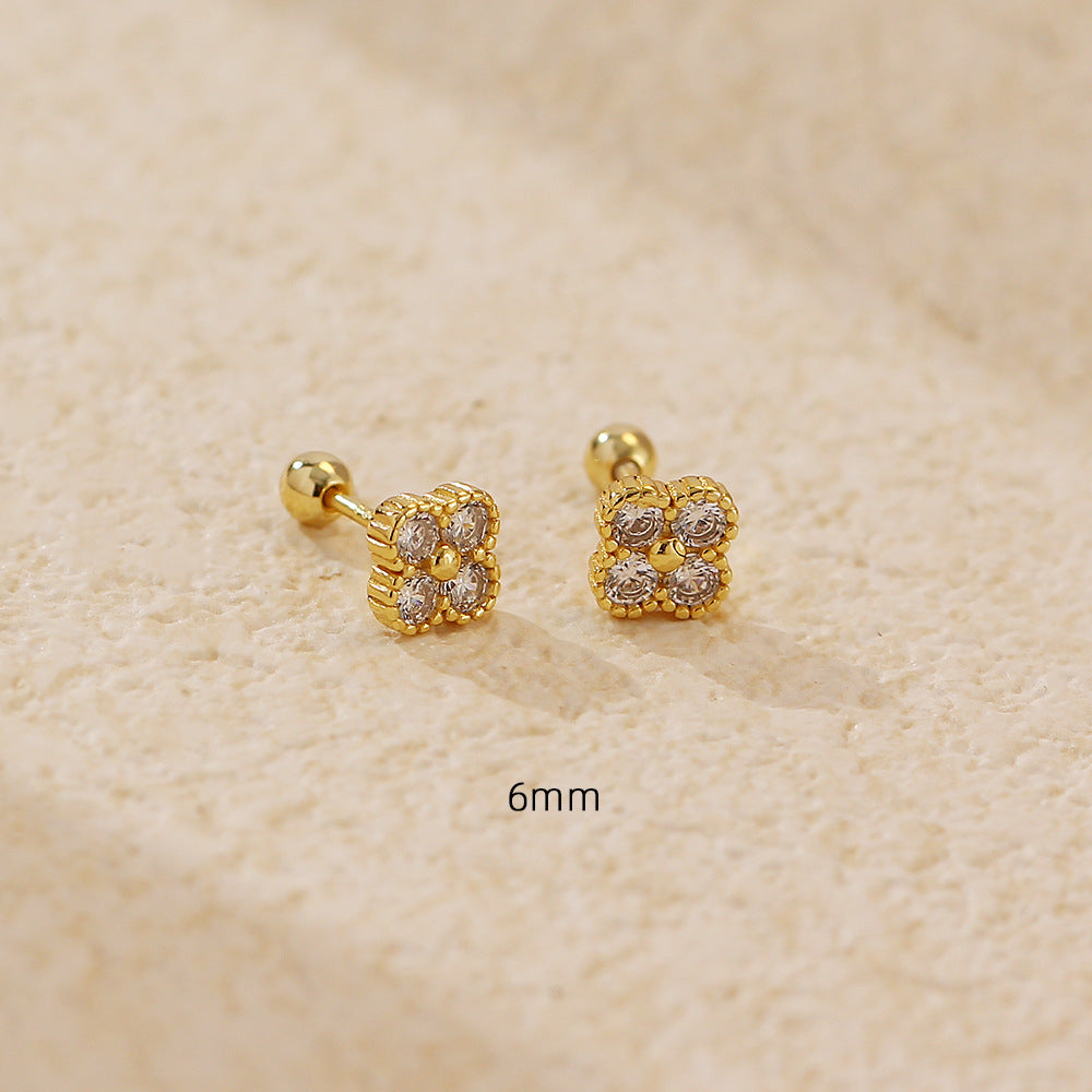 Vintage Clover-Shaped S925 Sterling Silver Stud Earrings with Rhinestone Inlay for Women