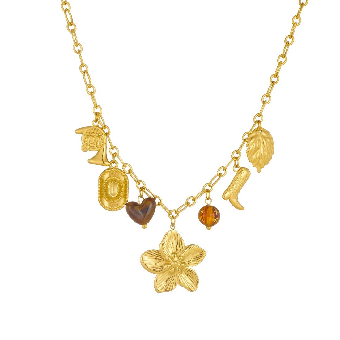 Vintage Gold Plated Stainless Steel Necklace with Acrylic Floral Heart Boot Hat and Musical Instrument Pendants Cable Chain for Women