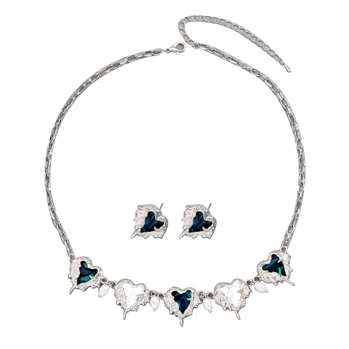 Vintage Heart-Shaped Enamel Pendant Necklace and Earrings Set with Long Chain for Women