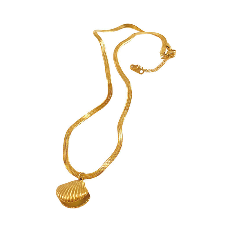 Minimalist Titanium Steel Snake Chain Necklace with Shell and Pearl Elements