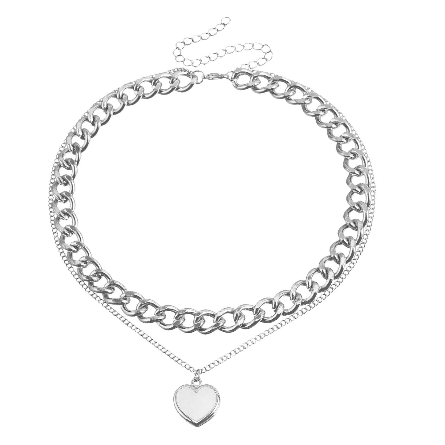 Punk Style Double-Layer Heart-Shaped Mother-of-Pearl Pendant Necklace for Women Alloy Chain with Plating Finish Lightweight Luxury Sweater Chain