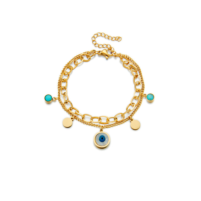 Pulsera de doble capa de acero titanio con acabado chapado, colgante de turquesa de ojo azul redondo, estilo vintage, a la moda
