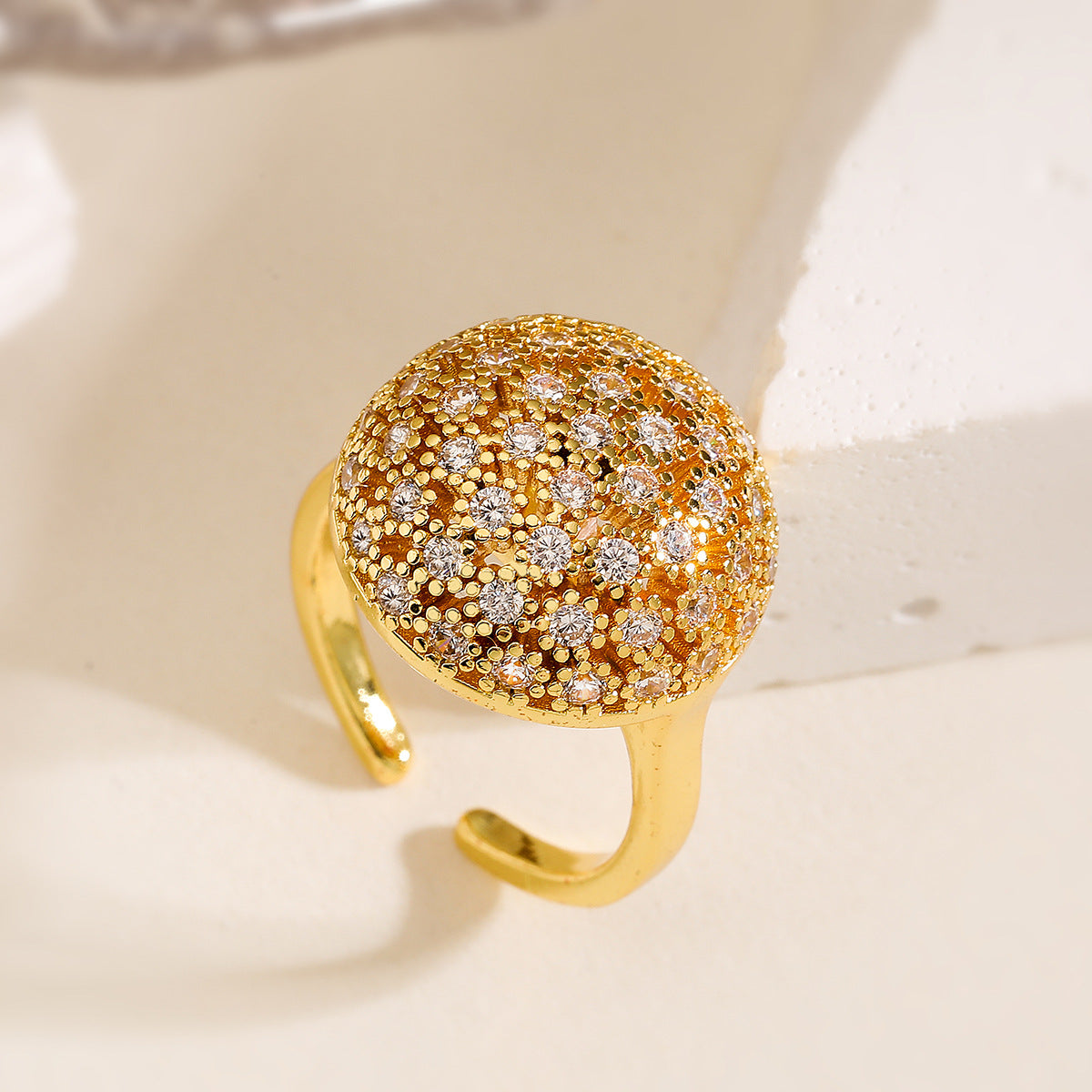 Geometric Open Ring for Women in Copper with 18K Gold Plating and Zircon Inlay, Fashionable Minimalist Statement Band