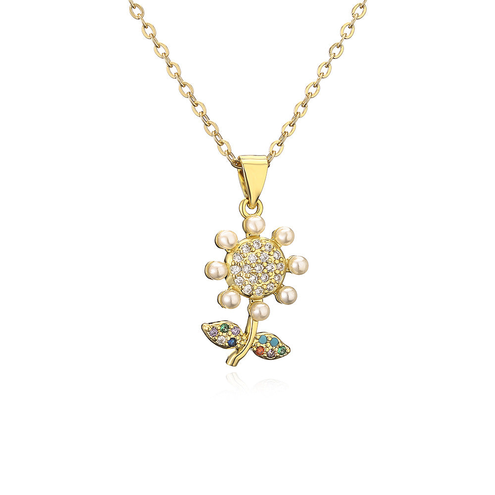 Collana pendente a girasole minimalista da donna con base in rame placcata in oro 18K, intarsio di zirconi e perle, design geometrico floreale