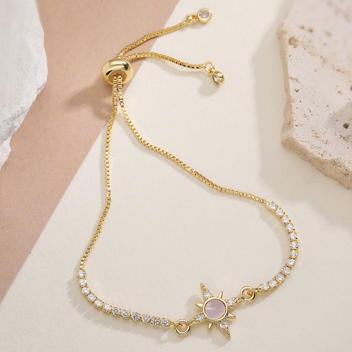 Minimalist Luxury 18K Gold Plated Brass Geometric Heart Cubic Zirconia Inlay Adjustable Cord Bracelet for Women