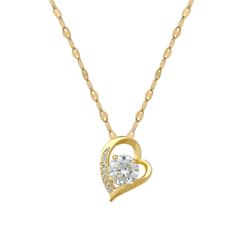 Eccentric Heart-Shaped Titanium Steel Necklace for Women with Full Rhinestone Accents, Minimalist Geometric Design, Delicate Clavicle Chain
