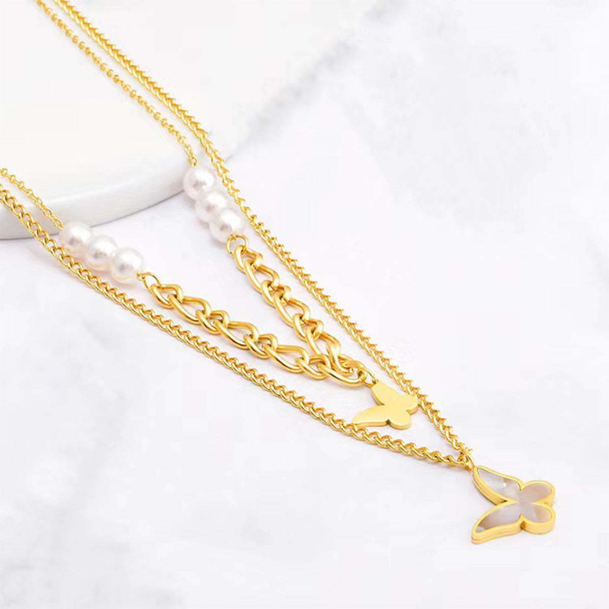 Original Design Butterfly and Heart Pendant Necklace for Women Titanium Steel Plated Delicate Clavicle Chain with Pearl Accents