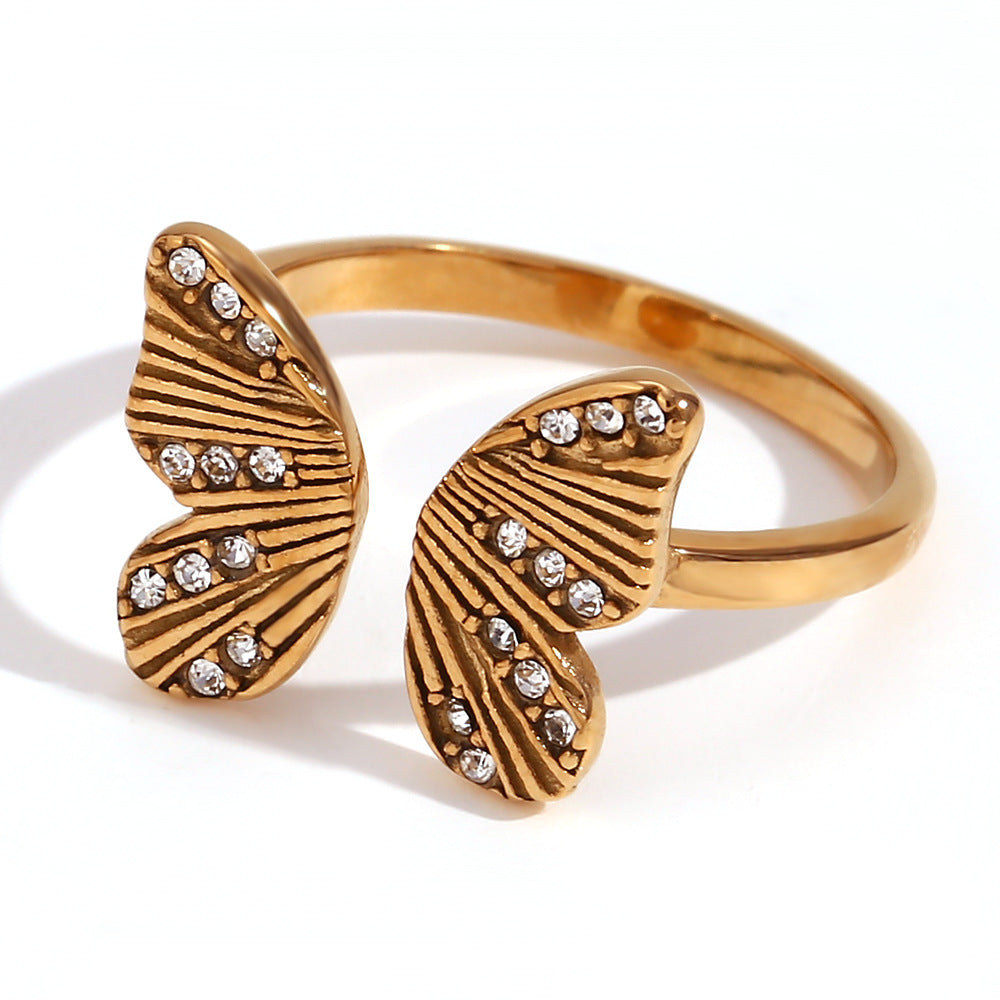 Fashionable Butterfly-Shaped Stainless Steel Ring with 18K Gold Plating and Zircon Inlay for Women