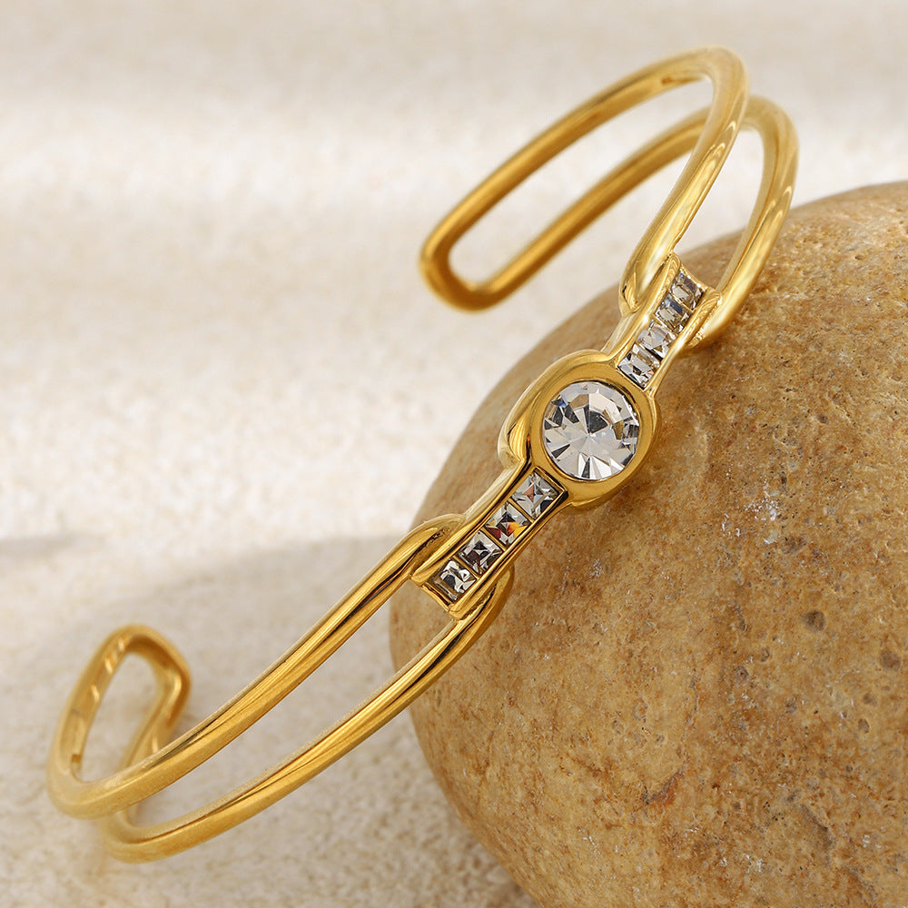 Bracciale a schiava a doppio strato geometrico con zirconi cubici rotondi in acciaio inossidabile placcato oro 18 carati, elegante e minimalista