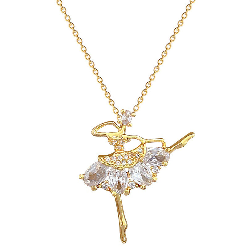 Elegant Ballet Dancer Pendant Necklace for Women with Rhinestone Accents on Titanium Steel Chain, Geometric Design, Minimalist and Sweet Style