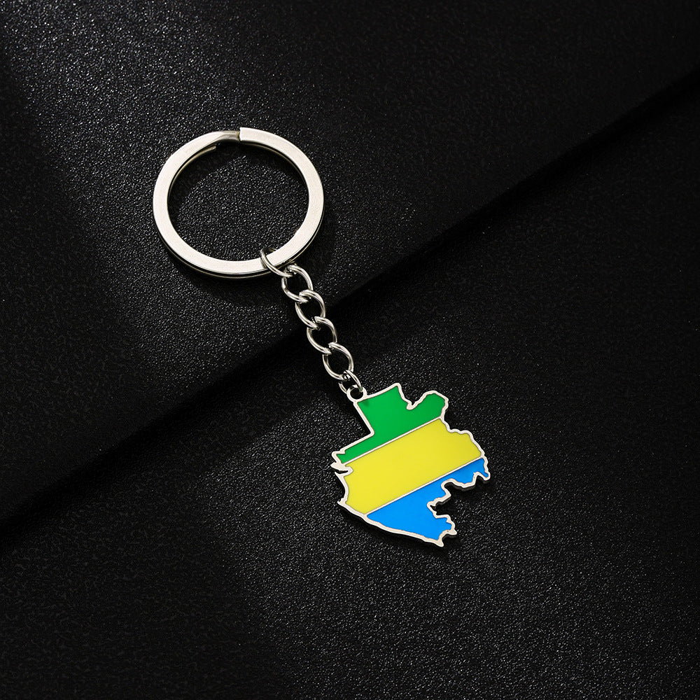 Llavero de acero inoxidable esmaltado estilo étnico vintage con diseño de mapa y bandera para hombres y mujeres