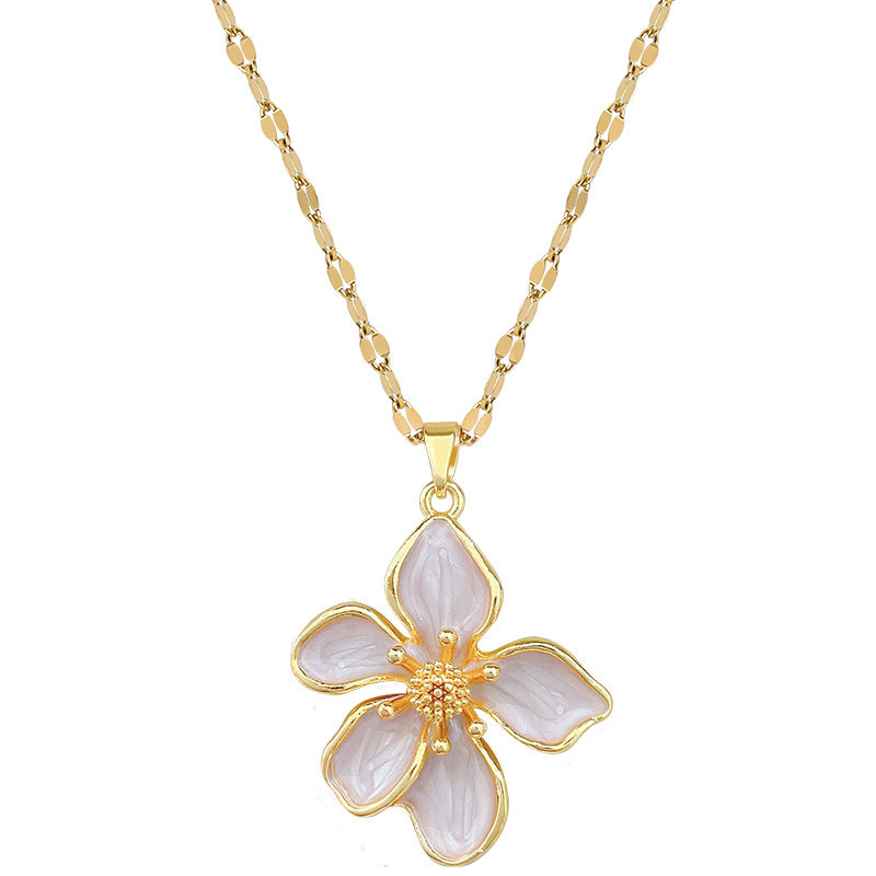Sweet Drip Oil Floral Rhinestone Pendant Titanium Steel Necklace Cable Chain