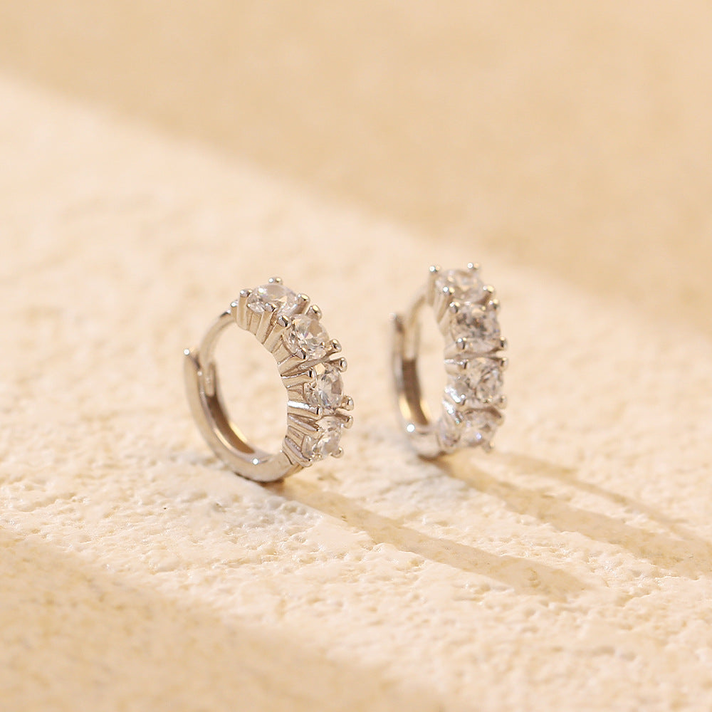 Minimalist Geometric S925 Sterling Silver Rhinestone-Inlaid Hoop Earrings for Women with Luxe Finish