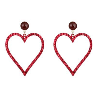 Elegant Red Hollow Heart Rhinestone Inlaid Alloy Earrings for Daily Wear