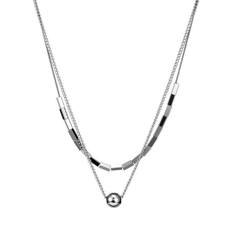 Collar minimalista geométrico de doble capa con cuentas cuadradas y redondas para mujer, de acero titanio con acabado chapado, estilo cadena de serpiente