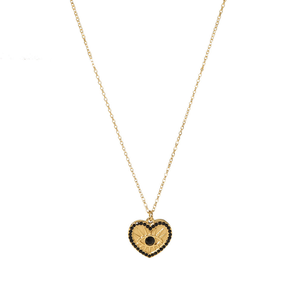 INS Style Heart Shaped Stainless Steel Pendant Necklace with 18K Gold Plating and Zircon Inlay for Women