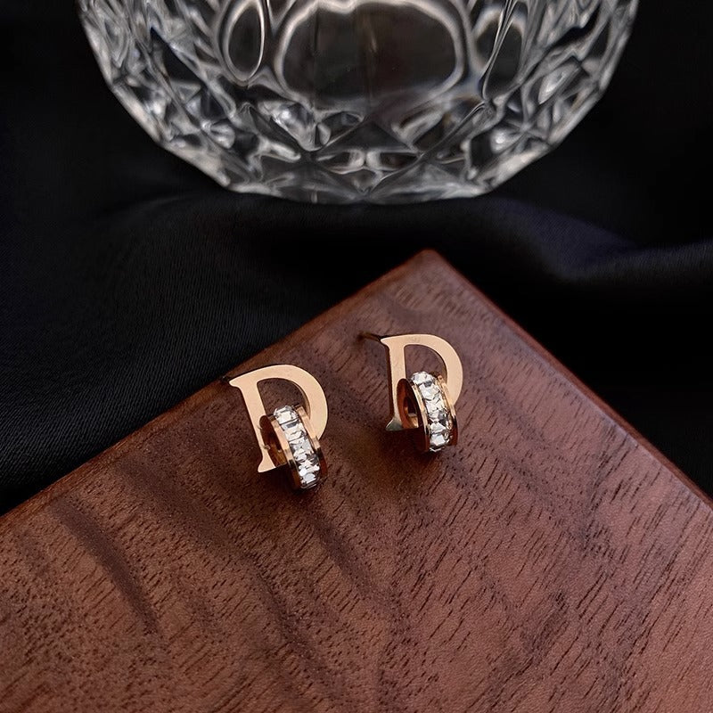 Minimalist Geometric Titanium Steel Letter D Stud Earrings for Women with Rhinestone Inlay and Plated Finish