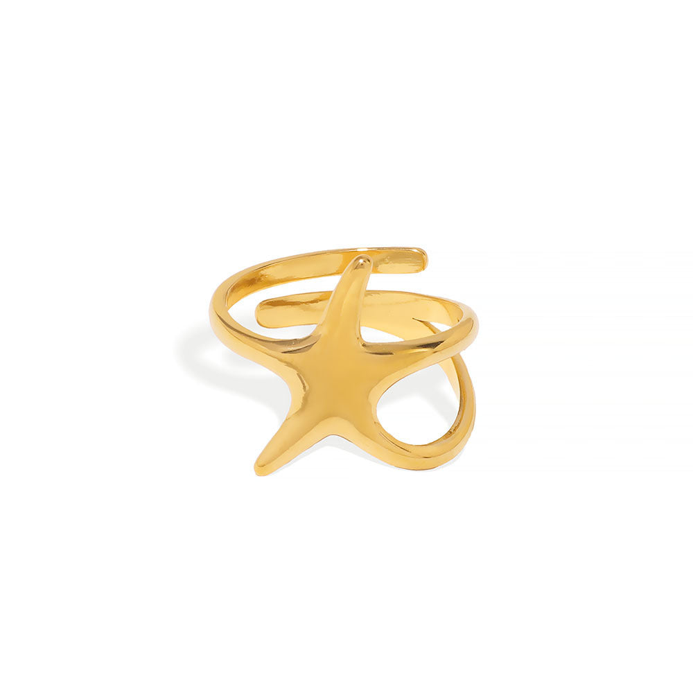 Modern Minimalist Stainless Steel Five-Point Star Ring with Asymmetrical Wire-Wrap Design