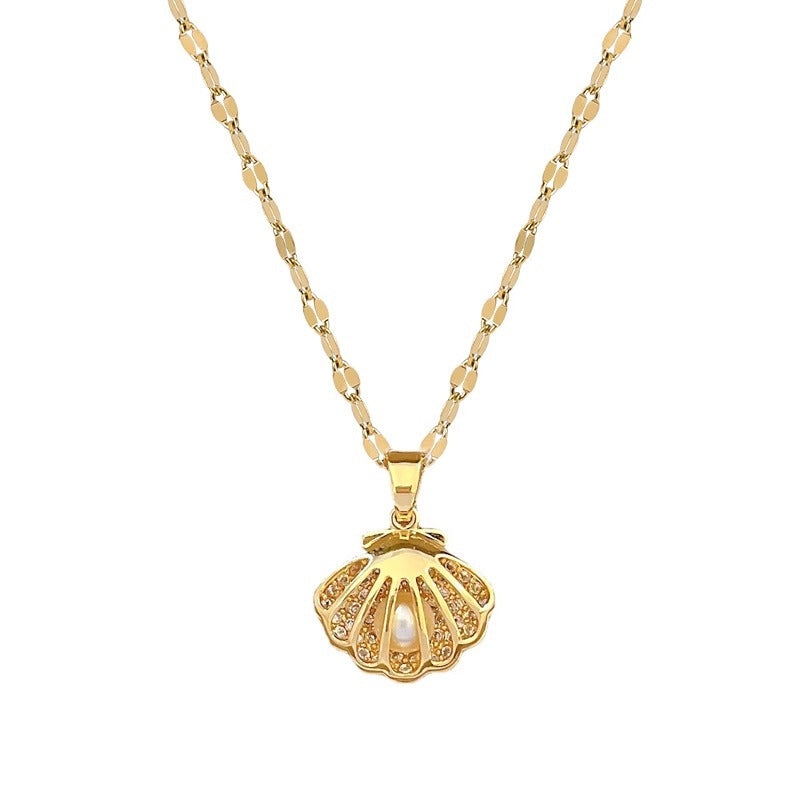 Collana Minimalista in Acciaio al Titanio a Forma Floreale con Pendente a Guscio Vuoto, Charm in Rame Placcato Oro, Intarsio in Zirconia Cubica, Catena a O, Design di Lusso Unisex
